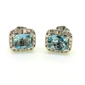 Aquamarine and Diamond Cluster Stud Earrings, 2.82 carats
