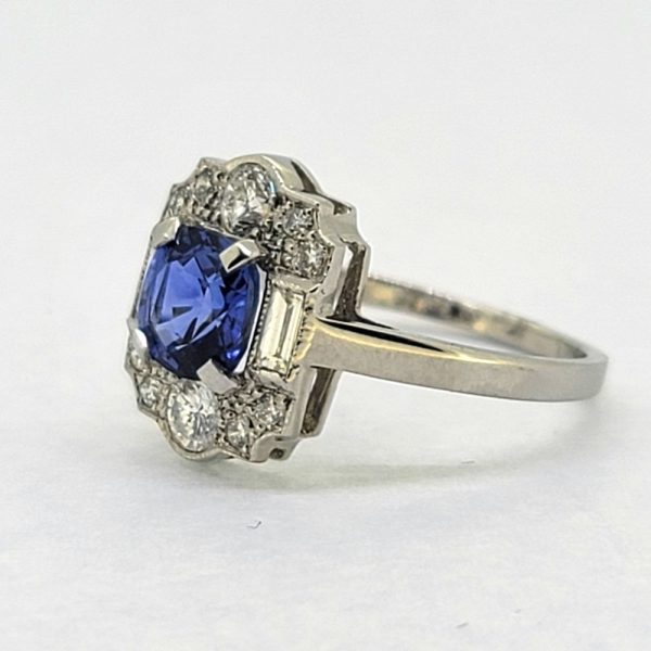 Art Deco Inspired 1.50ct Sapphire and Diamond Cluster Ring in Platinum