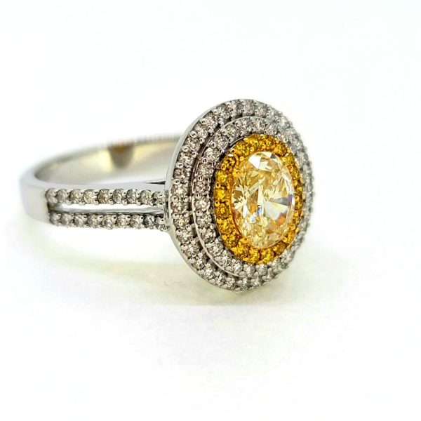 Contemporary 1.76ct Fancy Yellow Diamond Double Cluster Halo Engagement Ring