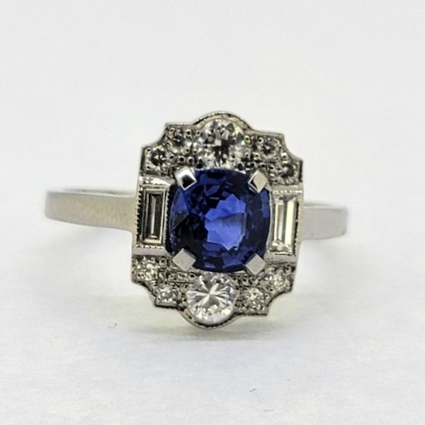 Art Deco Inspired 1.50ct Sapphire and Diamond Cluster Ring in Platinum