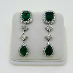5.80ct Emerald and Diamond Double Cluster Drop Earrings