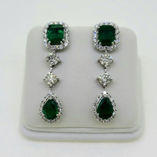 5.80ct Emerald and Diamond Double Cluster Long Drop Earrings
