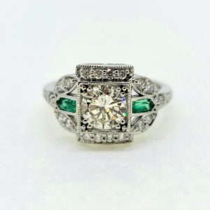 Vintage 0.96ct Diamond and Emerald Cluster Engagement Ring