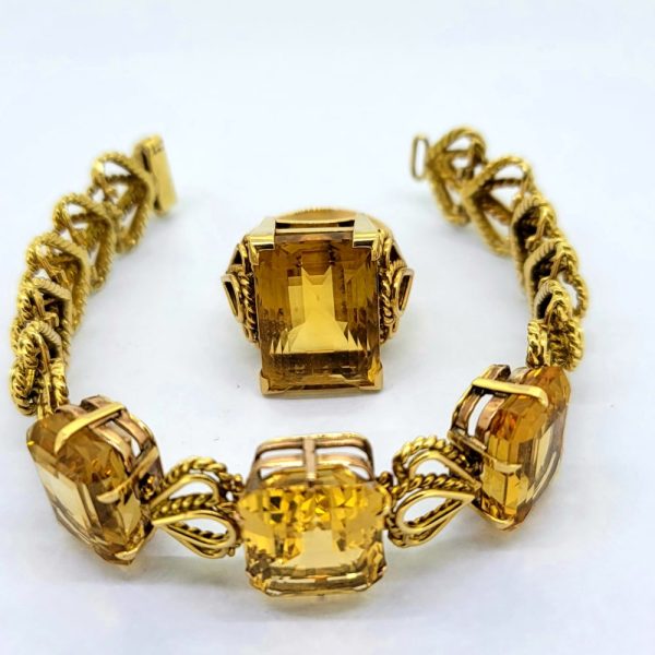 Vintage 1960s Handmade Citrine and Gold Ring and Bracelet Suite