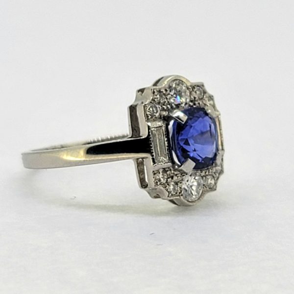 Art Deco Inspired 1.50ct Sapphire and Diamond Cluster Ring in Platinum