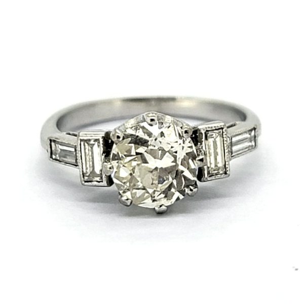 Art Deco 1.36ct Old Cut Diamond Solitaire Engagement Ring with Baguette Diamond Shoulders