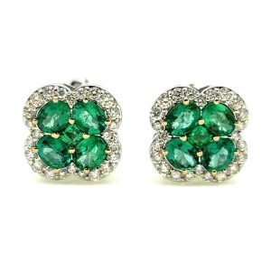 1.44ct Emerald and Diamond Flower Cluster Stud Earrings in 18ct White Gold