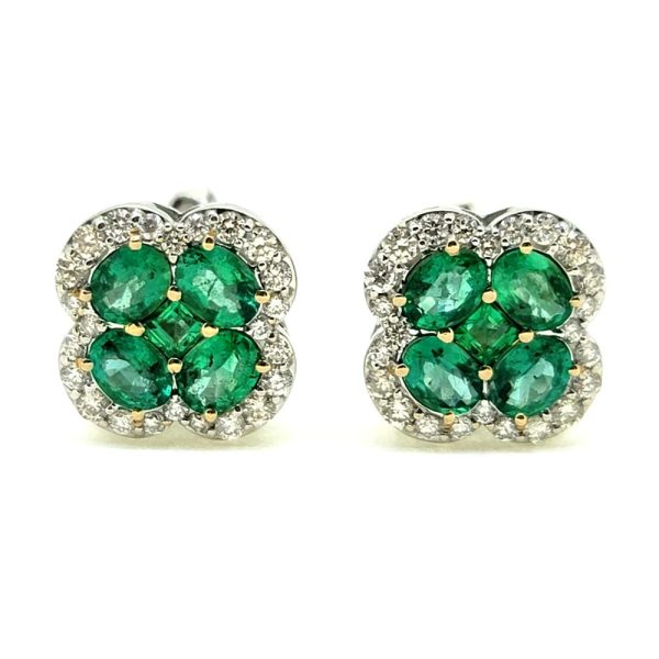 1.44ct Emerald and Diamond Flower Cluster Stud Earrings in 18ct White Gold