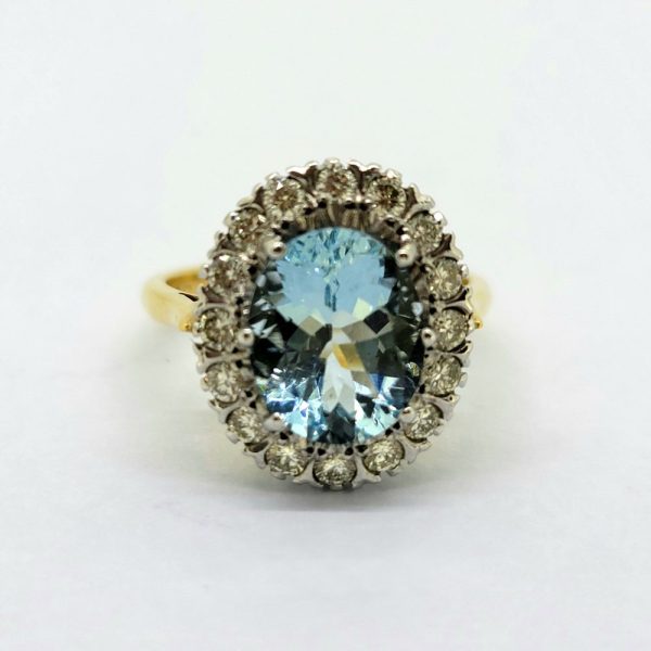 3.50ct Aquamarine and Diamond Oval Cluster Engagement Ring in 18ct Yellow Gold