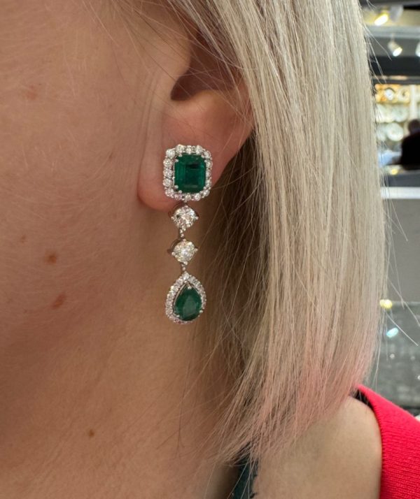 5.80ct Emerald and Diamond Double Cluster Long Drop Earrings