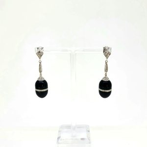 Contemporary Onyx and Diamond Drop Earrings in 18ct white gold