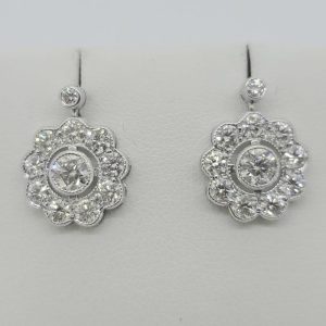 Diamond Daisy Cluster Drop Earrings, 2.10 carats
