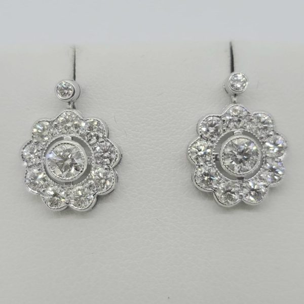 Diamond Daisy Cluster Drop Earrings, 2.10 carat total