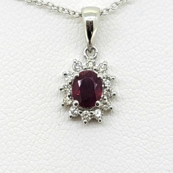 0.62ct Oval Ruby and Diamond Cluster Pendant with Chain