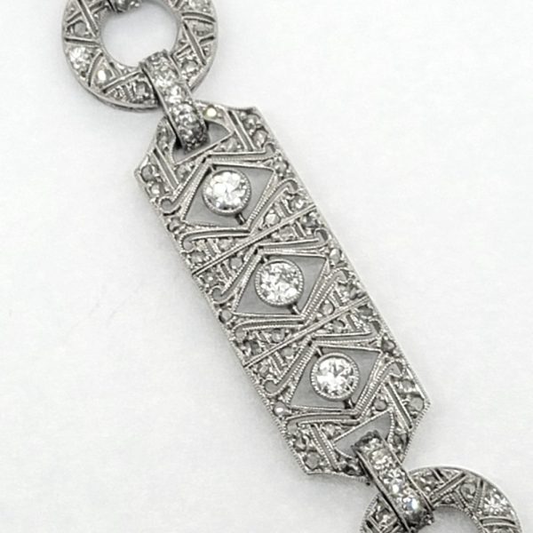 Art Deco 3.50ct Old Cut Diamond Bracelet in 18ct White Gold, set with 3.50 carats of old cut and rose cut diamonds in geometric design with alternating circular and rectangular panels