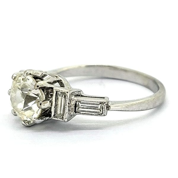Art Deco 1.36ct Old Cut Diamond Solitaire Engagement Ring with Baguette Diamond Shoulders