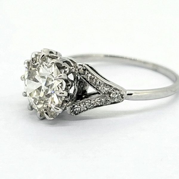 Art Deco 2.20ct Old Cut Diamond Solitaire Engagement Ring in Platinum with Diamond Set Split Shoulders