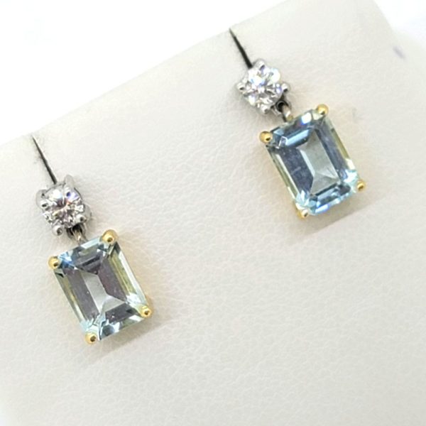 2.75ct Emerald Cut Aquamarine and Diamond Drop Earrings