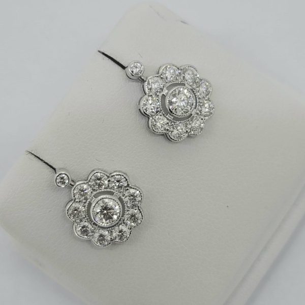 Diamond Daisy Cluster Drop Earrings, 2.10 carats