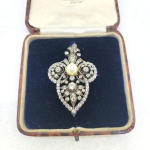 Victorian Antique Natural Pearl and Old Mine Cut Diamond Pendant Brooch