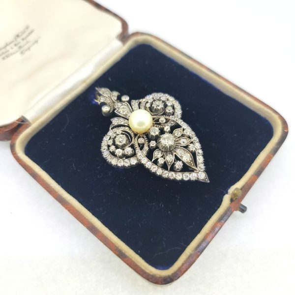 Victorian Antique Natural Pearl and Old Mine Cut Diamond Pendant Brooch