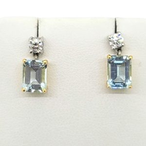 2.75ct Emerald Cut Aquamarine and Diamond Drop Earrings