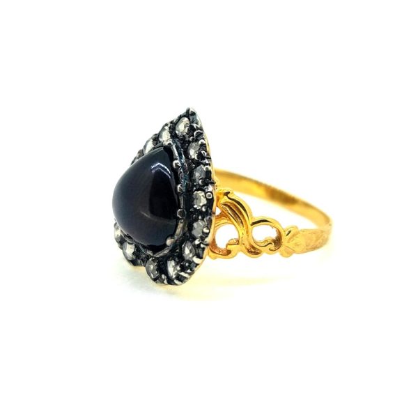 Pear Shaped Cabochon Cut Garnet and Diamond Cluster Ring in Yellow Gold
