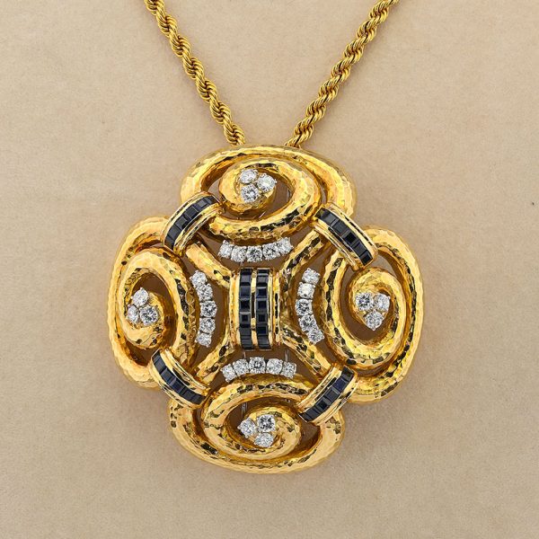 David Webb Ancient World Collection 7ct Sapphire 6.40ct Diamond and Gold Pendant come Brooch