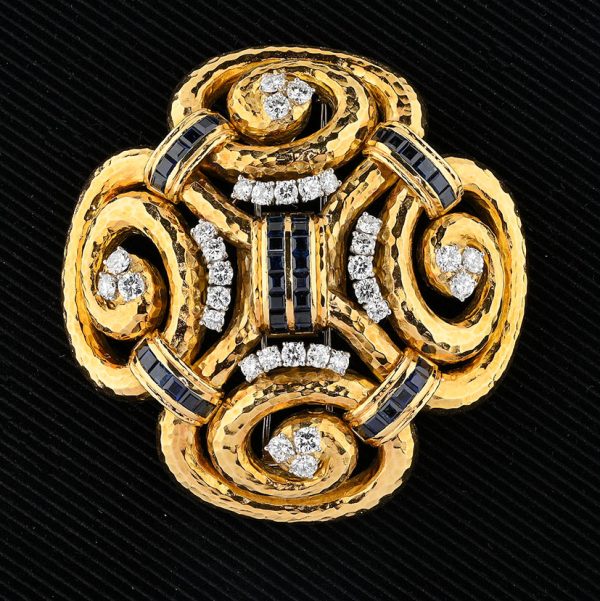 David Webb Ancient World Collection 7ct Sapphire 6.40ct Diamond and Gold Pendant come Brooch