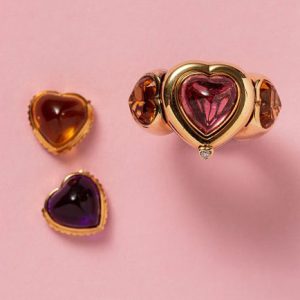 Amethyst Citrine Tourmaline Gold Heart Ring, 18ct yellow gold heart ring with interchangeable heart-shaped cabochon cut amethyst, pink tourmaline and citrine