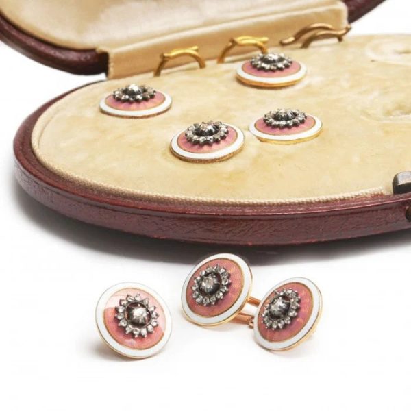 Antique French Enamel and Diamond Cufflinks Dress Set, rose cut diamond clusters on pink guilloché enamel discs with white enamel border
