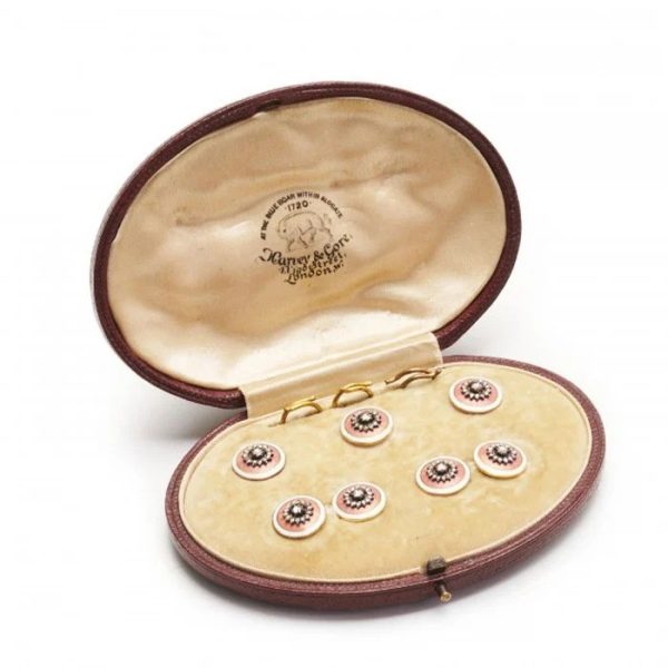 Antique French Enamel and Diamond Cufflinks Dress Set, rose cut diamond clusters on pink guilloché enamel discs with white enamel border