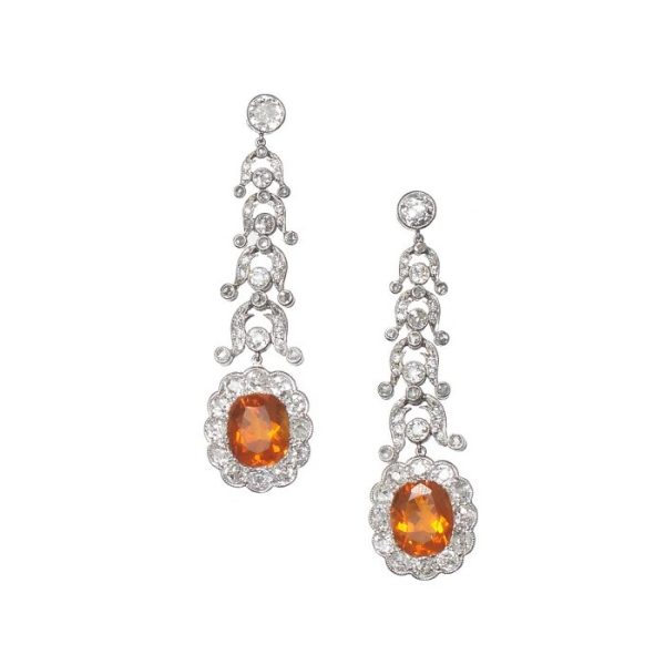 Art Deco Fire Opal and Diamond Negligee Pendant Necklace and Earrings Set by Garrards, Circa 1920. In original fitted Garrards case