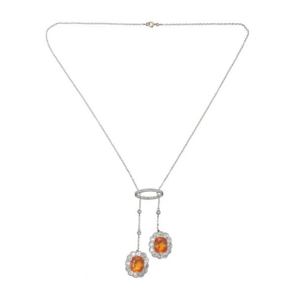 Art Deco Fire Opal and Diamond Negligee Pendant Necklace and Earrings Set by Garrards