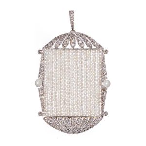 Art Deco Natural Pearl and Diamond Pendant in Platinum