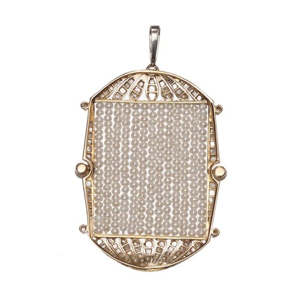 Art Deco Natural Pearl and Diamond Pendant in Platinum, central panel with seed pearl rows in rose cut diamond set frame with natural pearl to each side
