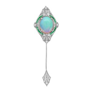 Art Deco Inspired Opal and Diamond Pin Brooch with Emerald
