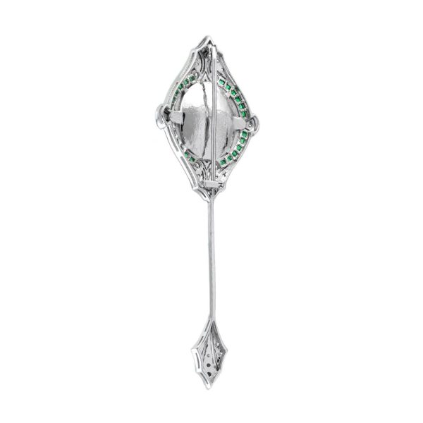 Art Deco Inspired 8.26ct Opal and Diamond Pin Brooch with Emerald in 18ct White Gold