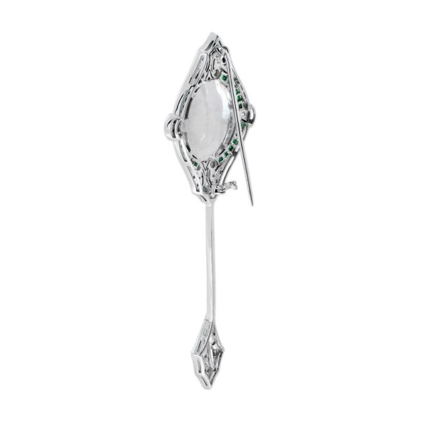 Art Deco Inspired 8.26ct Opal and Diamond Pin Brooch with Emerald in 18ct White Gold