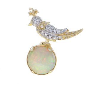 8.28ct Ethiopian Opal Diamond and 18ct Yellow Gold Hummingbird Brooch
