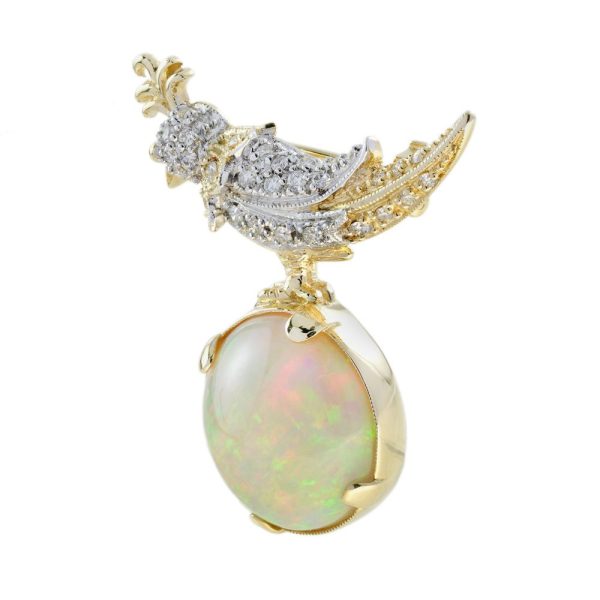 8.28ct Ethiopian Opal Diamond and 18ct Yellow Gold Bird Brooch