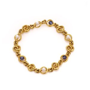 Jules Rousseau Art Nouveau Sapphire And Pearl Bracelet in 24 Carat Gold