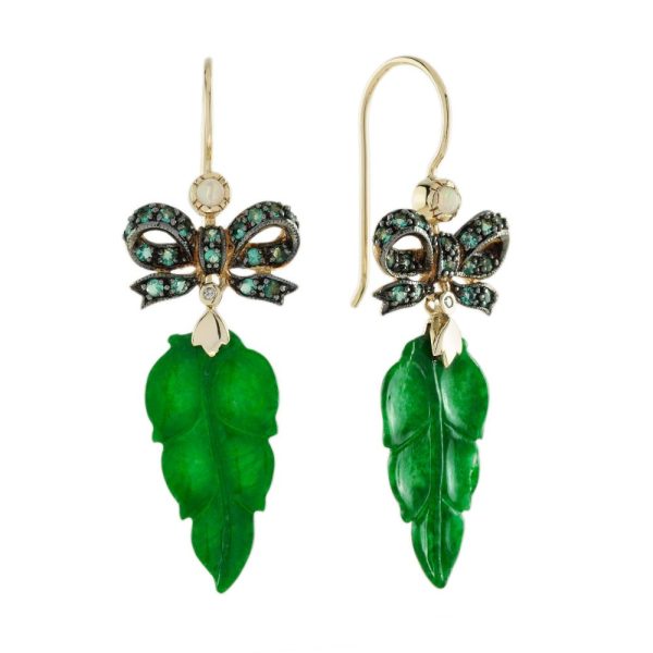 Carved Jade Leaf and Emerald Bow Drop Earrings with Opal and Diamond Accents in 9ct Gold