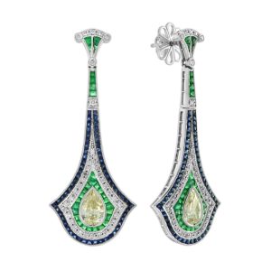 GIA 2ct Pear Shape Fancy Yellow Diamond Emerald Sapphire Drop Earrings