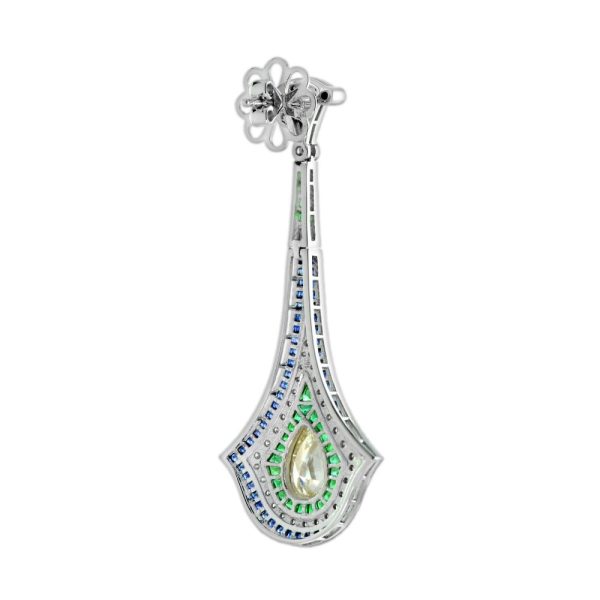 GIA 2ct Pear Shape Fancy Yellow Diamond Emerald Sapphire Drop Earrings in 18ct white gold