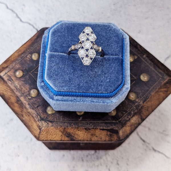 Edwardian Antique Sapphire and Diamond Chequerboard Navette Cluster Plaque Ring