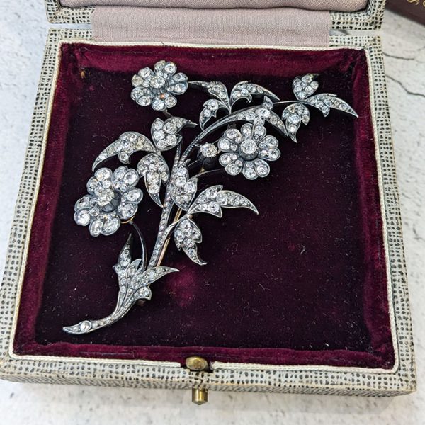 Victorian Antique 10ct Diamond En Tremblant Floral Spray Brooch