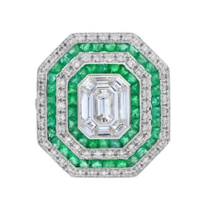Art Deco Style Illusion Set Emerald Cut Diamond and Emerald Cluster Ring