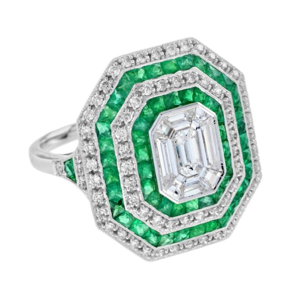 Art Deco Style Illusion Set Emerald Cut Diamond and Emerald Cluster Engagement Ring G colour VS clarity