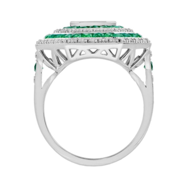 Art Deco Style Illusion Set Emerald Cut Diamond and Emerald Cluster Ring G colour VS clarity